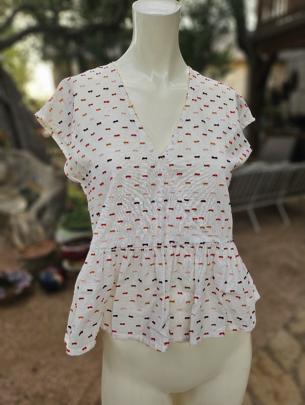 Madewell Peplum Crossover Top featuring a multicolored rainbow clipdot Small